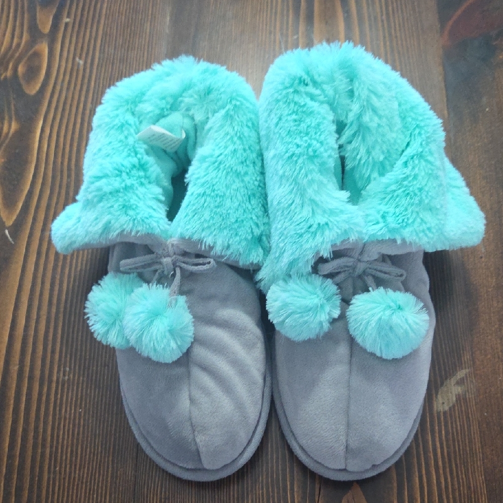 Cozy Gray and Aqua Women's Slippers